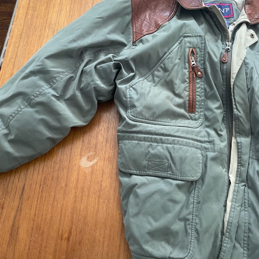 Men’s XL Olive Green Puffer Jacket Genuine Leather Collar Gant Jacket - Picture 3 of 10